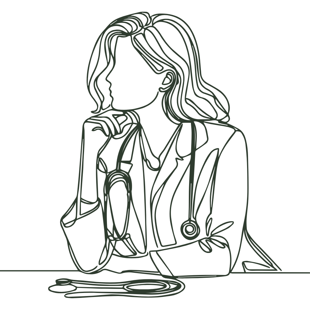 Illustration minimaliste d’une ostéopathe avec un stéthoscope, dessinée en style one line sur fond transparent.