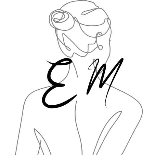 Logo noir de l’ostéopathe EM représentant une silhouette féminine de dos en dessin minimaliste sur fond transparent.